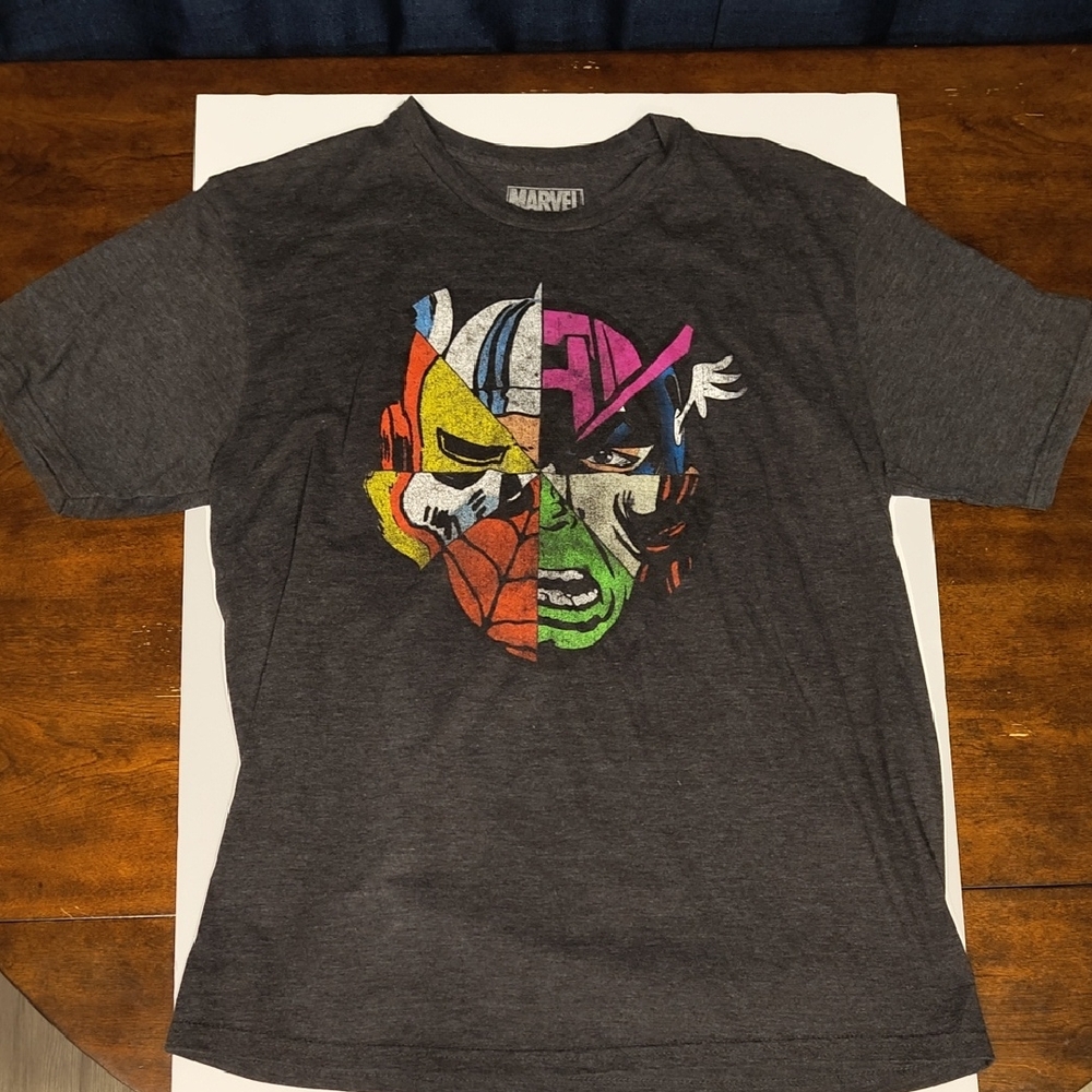 Marvel Men's Dark Gray Superhero Faces Graphic Short Sleeve T-Shirt L